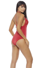 Red Halter Cut Out Mesh Panel One Piece Teddy Areous