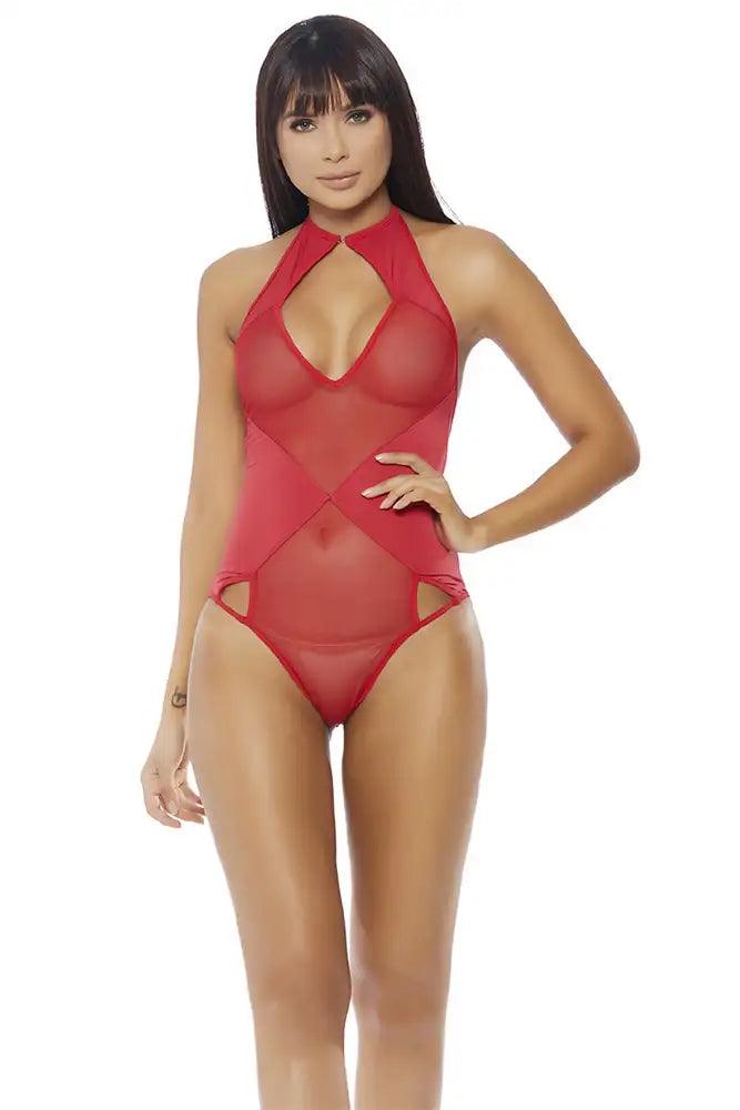 Red Halter Cut Out Mesh Panel One Piece Teddy Areous