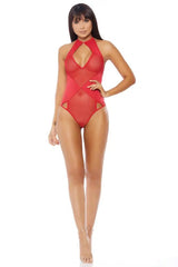 Red Halter Cut Out Mesh Panel One Piece Teddy Areous