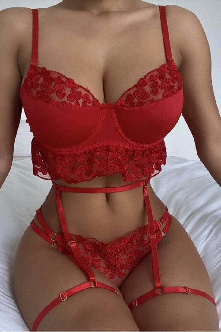 Red Heart Embroidered Mesh Lingerie Set Areous