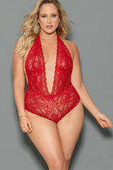 Red Hot Deep V-Plunge Halter Teddy Areous