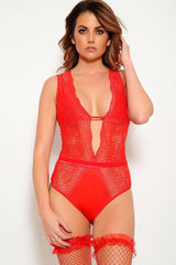 Red Lace Plunging Neck Bodysuit Imitates Areous