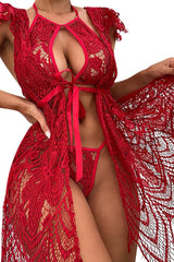 Red Lace Strappy Halter Cut Out 3 Pc Lingerie Set Areous