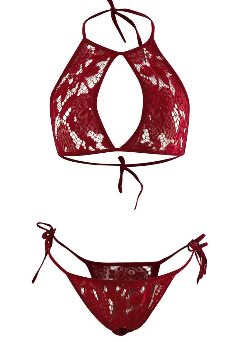 Red Lace Strappy Halter Cut Out 3 Pc Lingerie Set Areous