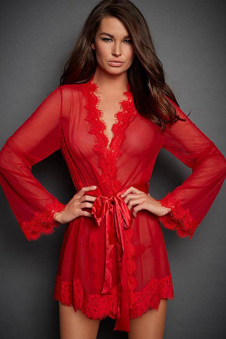 Red Long Sleeve See Through Frayed Trim Lingerie Robe 3 Pc Set Areous