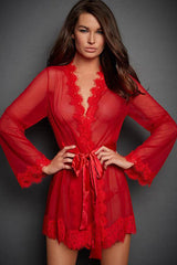 Red Long Sleeve See Through Frayed Trim Lingerie Robe 3 Pc Set Areous