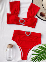 Red Metal Two Piece High Waist Swimwear Areous