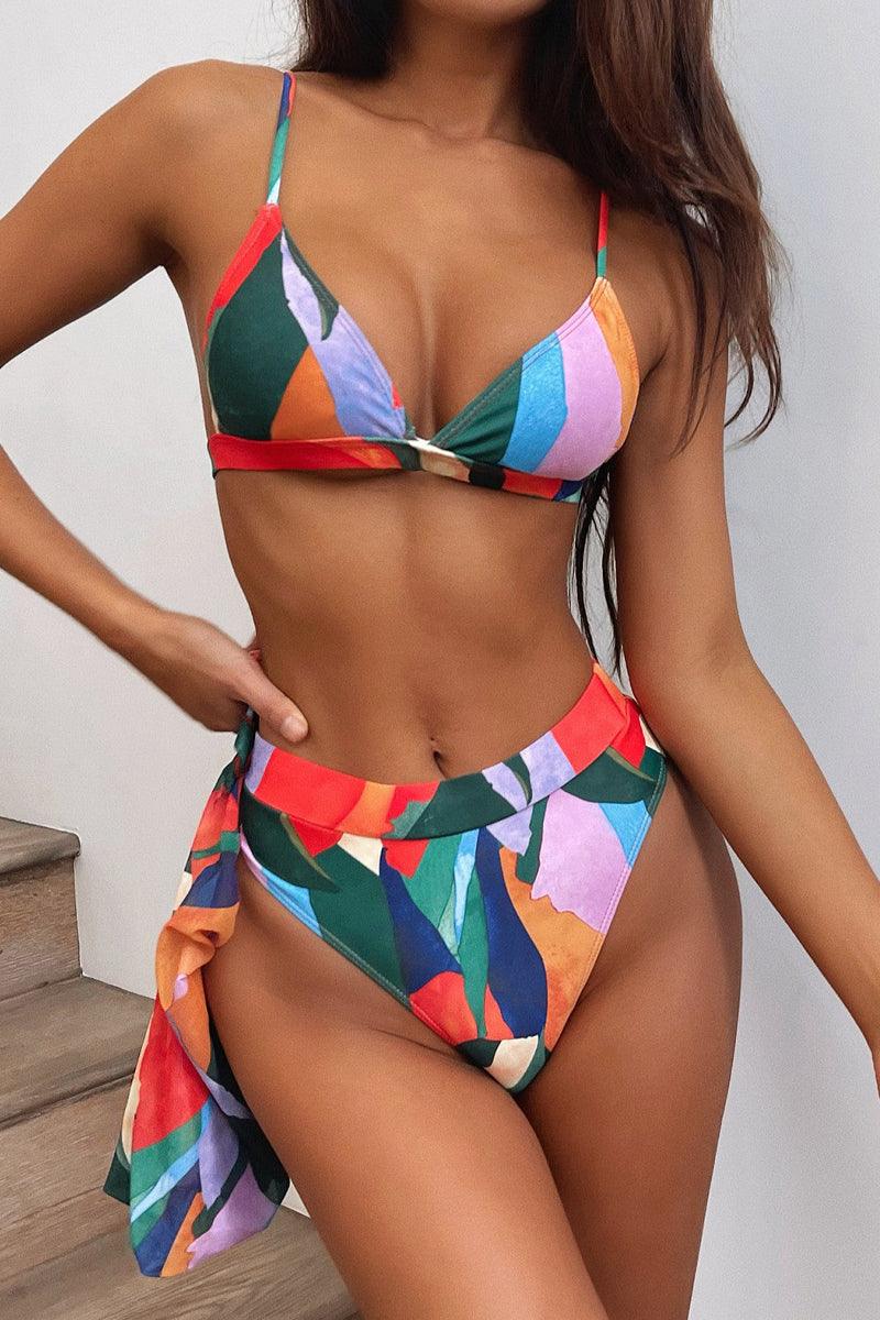 Red Multi Colored Short Sleeve Mesh Three Piece Swimsuit Areous