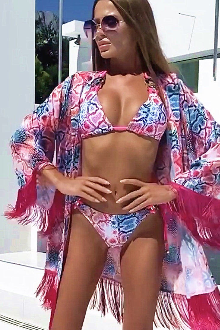 Red Multi Crystal Strappy Low Waist 3 Pc Swimsuit With Cover Up Areous