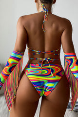 Red Multi Strappy Halter Fringe Sleeves Bikini Set Areous