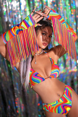 Red Multi Strappy Halter Fringe Sleeves Bikini Set Areous