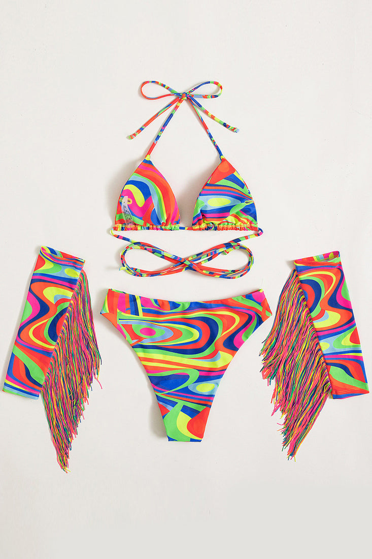 Red Multi Strappy Halter Fringe Sleeves Bikini Set Areous
