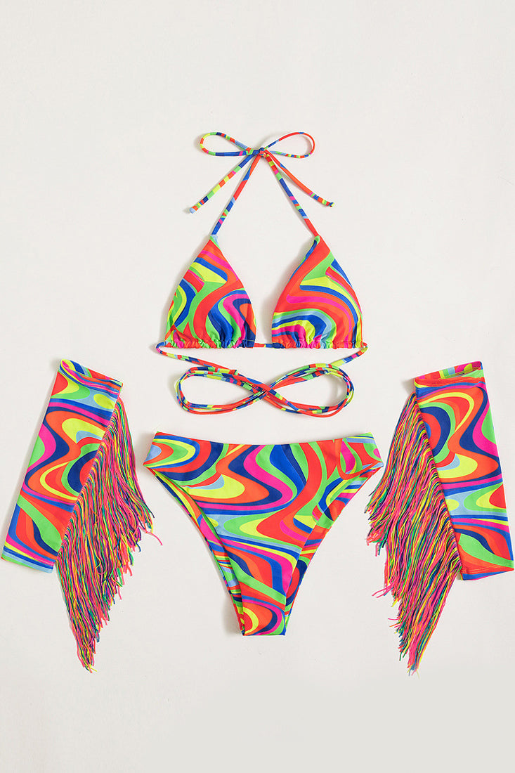 Red Multi Strappy Halter Fringe Sleeves Bikini Set Areous