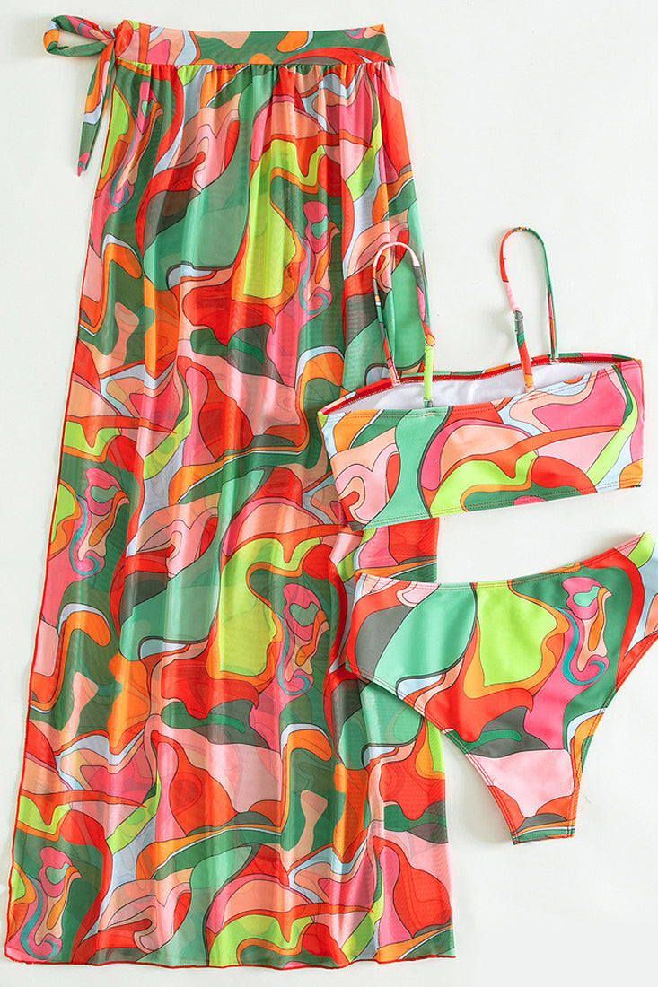 Red Multi Thin Straps Bikini With Split Skirt Cover Up 3 Pc Set Areous