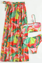 Red Multi Thin Straps Bikini With Split Skirt Cover Up 3 Pc Set Areous