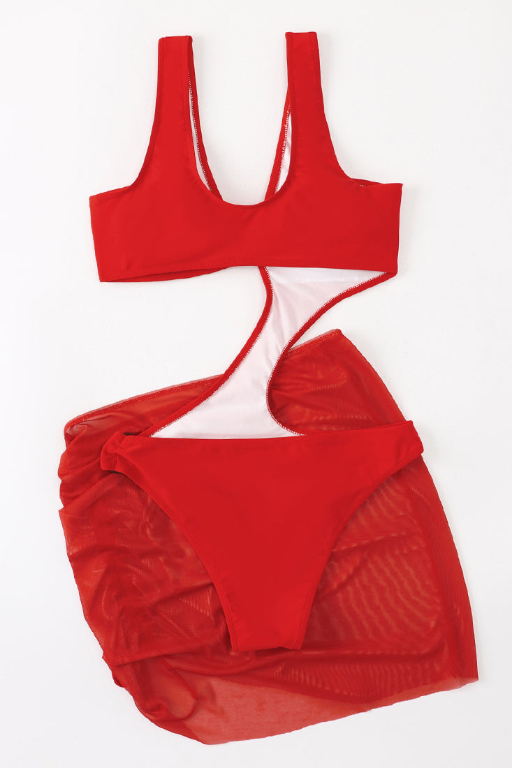 Red O-Ring Cut Out Monokini With Ruched Skirt Cover Up Areous
