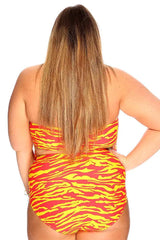 Red Orange Zebra Print Fringe Accent Plus Size High Waist Swimsuit Areous