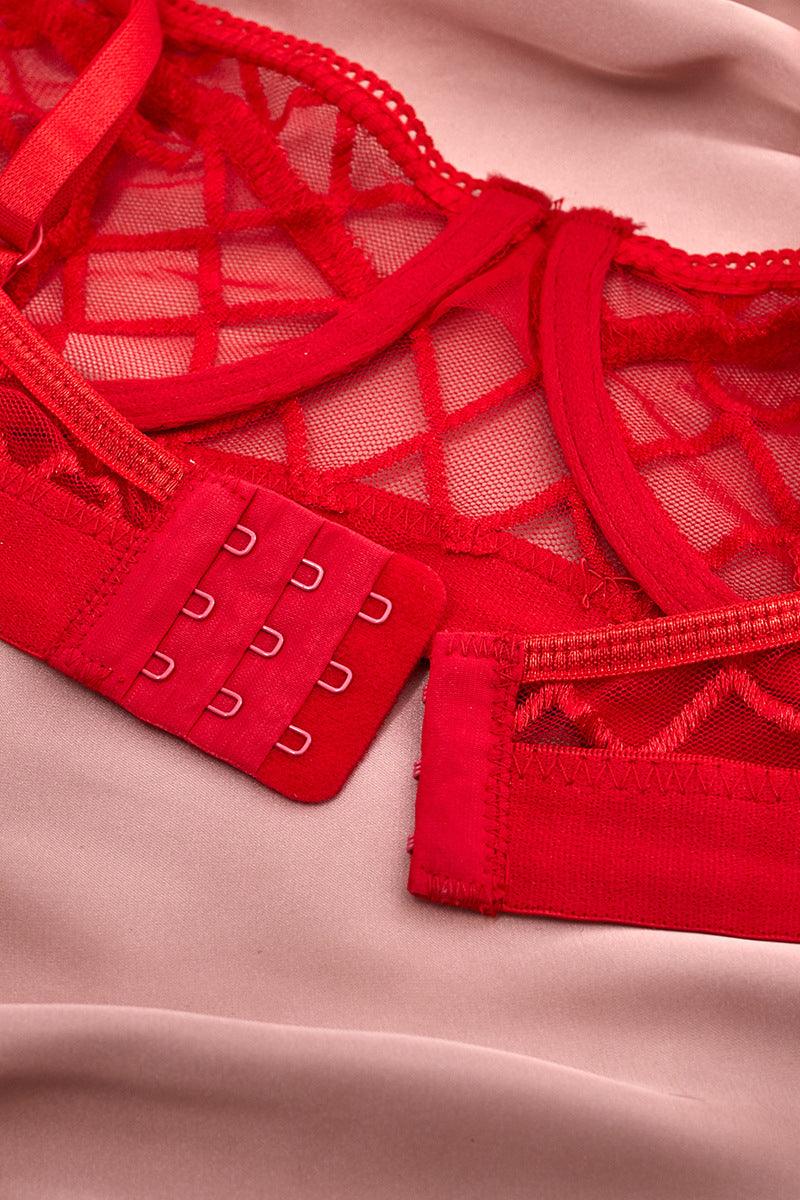 Red Plaid Sheer Mesh Garter O-Ring Accent Lingerie Set Areous