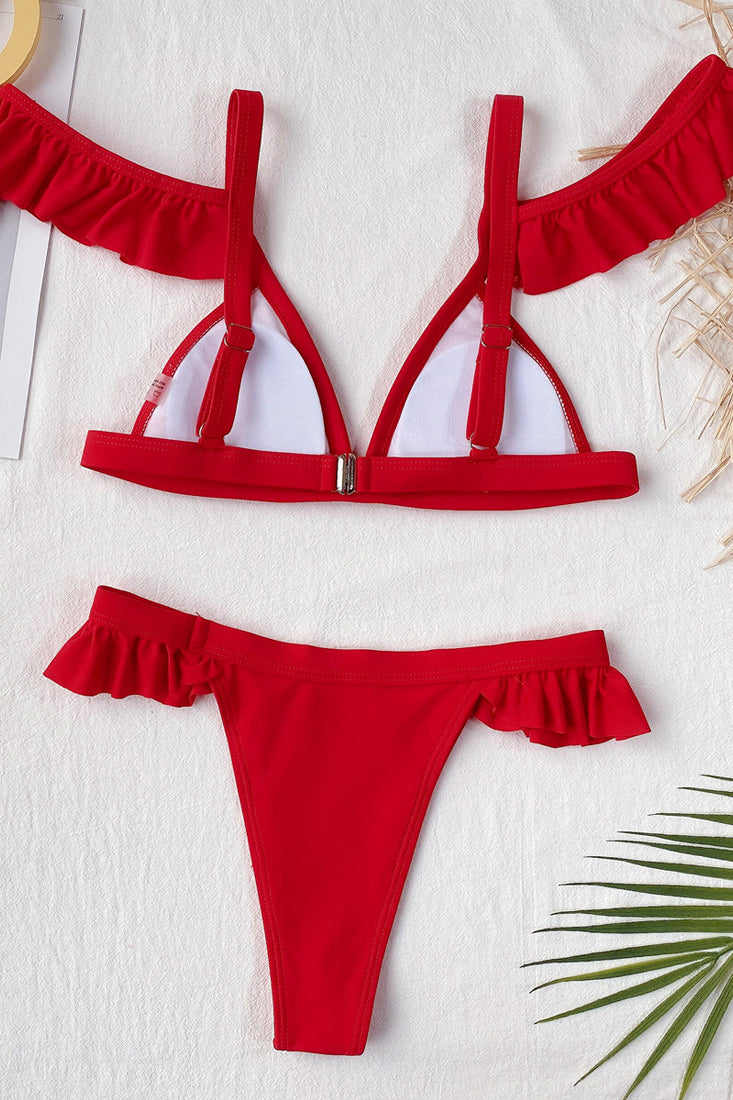Red Ruffle Cold Shoulder V-Neck 2 Pc Swimsuit Areous