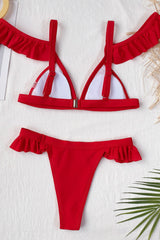 Red Ruffle Cold Shoulder V-Neck 2 Pc Swimsuit Areous