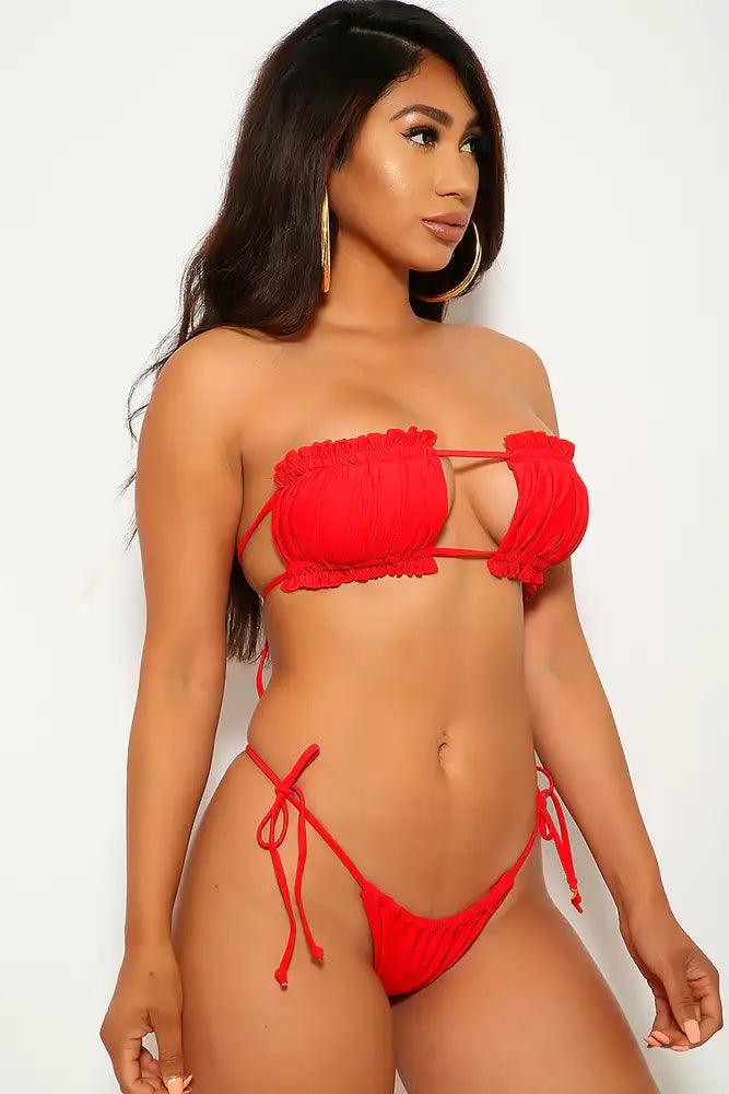 Red Ruffled Bandeau Two Piece Swimsuit Areous