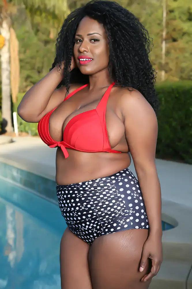 Red Skulls Polka Dot Print High Waist Plus Size Swimsuit Areous