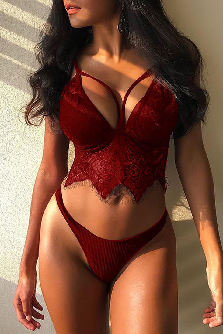 Red Sleeveless Eyelash Lace Two Piece High Waist Lingerie Areous