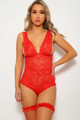 Red Sleeveless Lace Embroidered Teddy Lingerie Areous