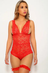 Red Sleeveless Lace Embroidered Teddy Lingerie Areous