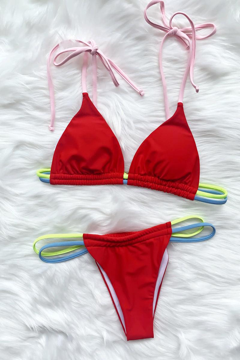 Red Two Tone Strappy Two Piece Swimsuit Areous