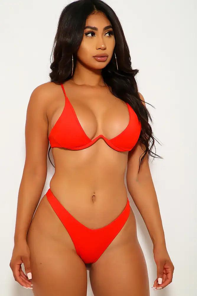 Red V Wire Two Piece Swimsuit Areous