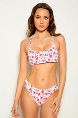 Red White Floral Print Two Piece Swimsuit Areous