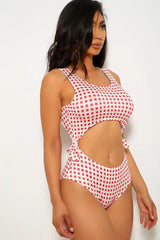 Red White Pattern Print Two Piece Swimsuit Areous