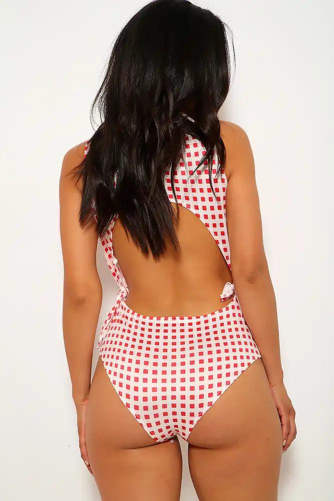Red White Pattern Print Two Piece Swimsuit Areous