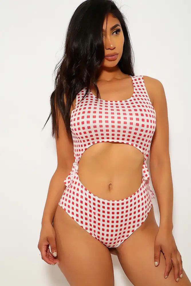 Red White Pattern Print Two Piece Swimsuit Areous