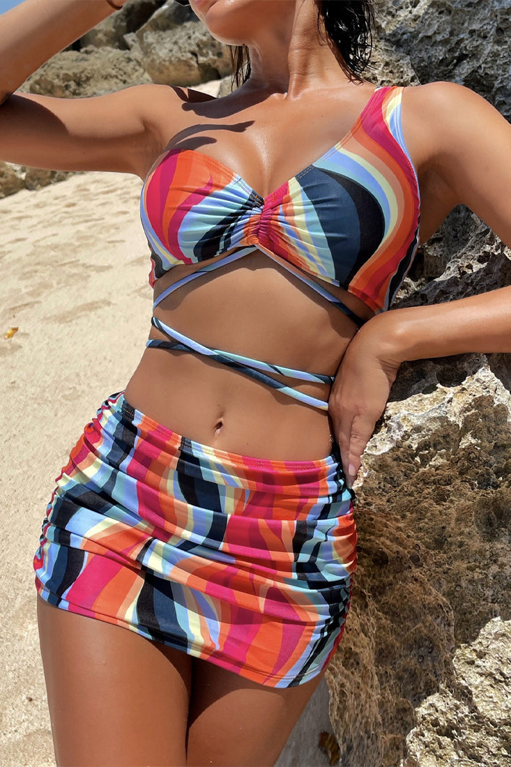 Retro Printed One Shoulder Strappy 3 Pc Bikini With Skirt Cover Up Areous