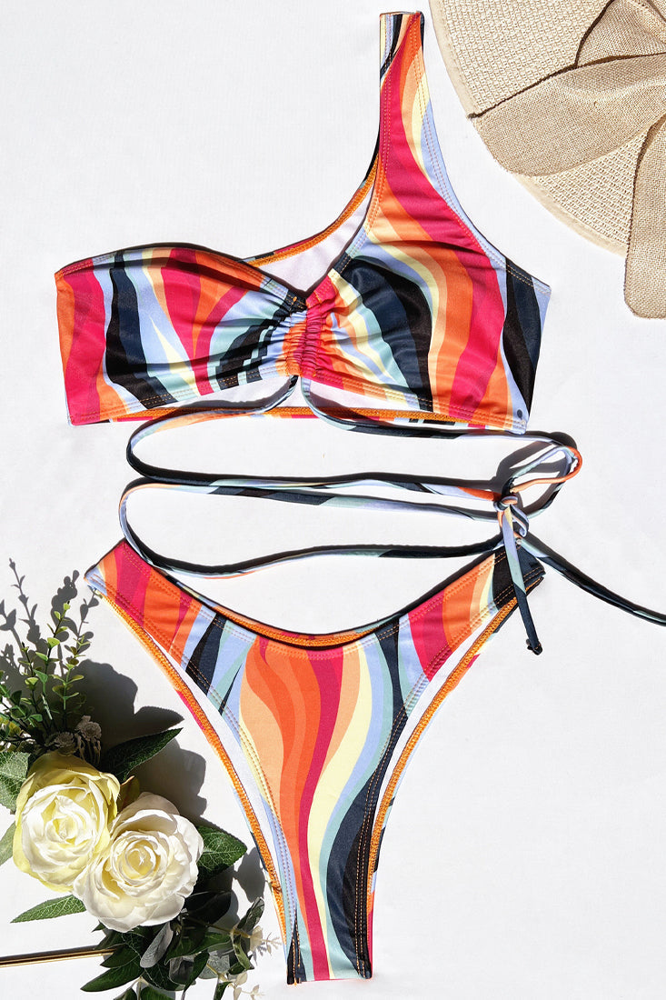 Retro Printed One Shoulder Strappy 3 Pc Bikini With Skirt Cover Up Areous