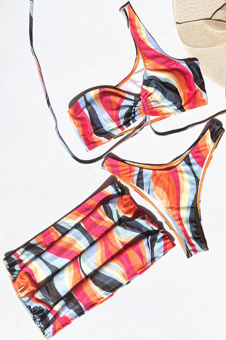 Retro Printed One Shoulder Strappy 3 Pc Bikini With Skirt Cover Up Areous