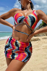 Retro Printed One Shoulder Strappy 3 Pc Bikini With Skirt Cover Up Areous
