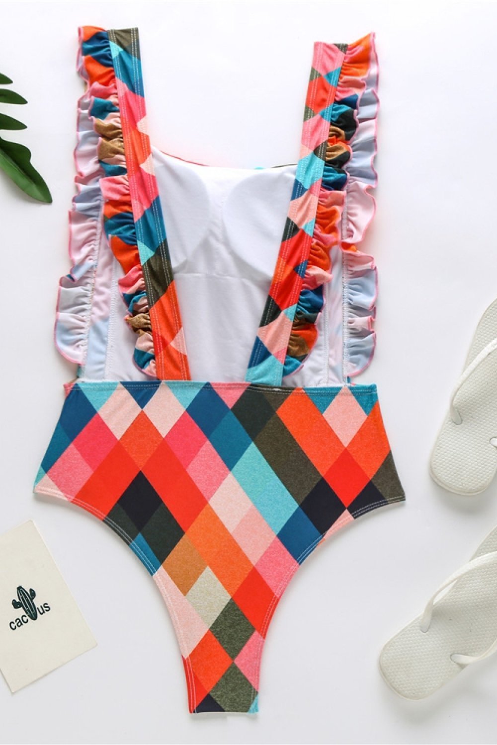 Rhombus Print Ruffle One-piece Swimsuit Areous