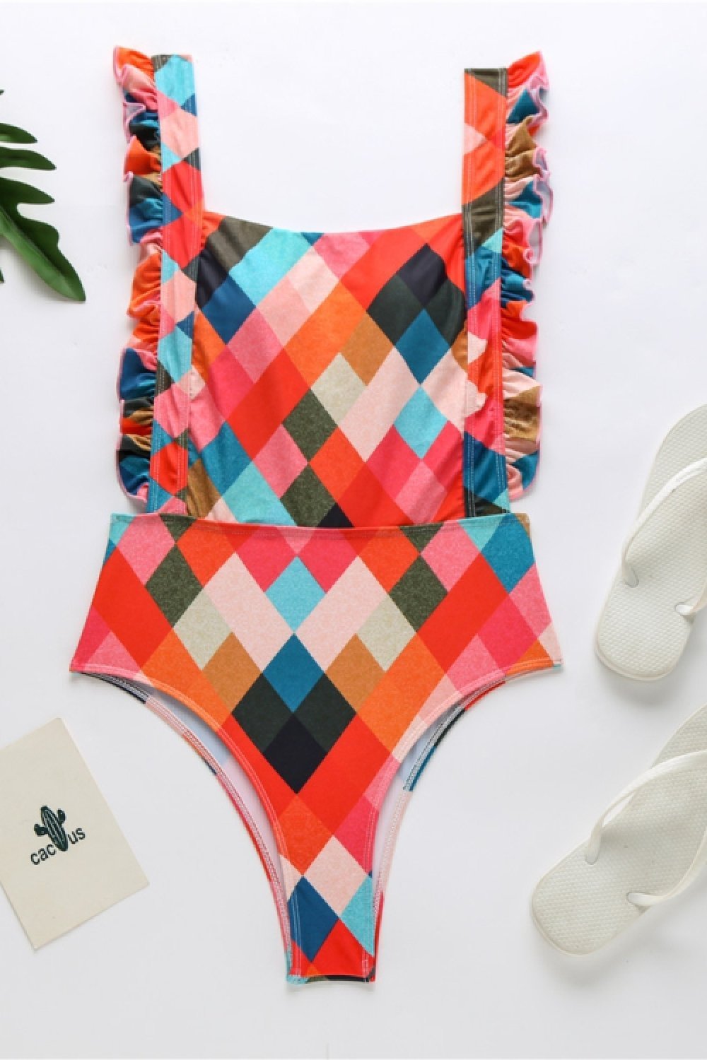 Rhombus Print Ruffle One-piece Swimsuit Areous