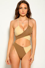 Rice Brown Criss Cross Cheeky Two Piece Swimsuit Areous