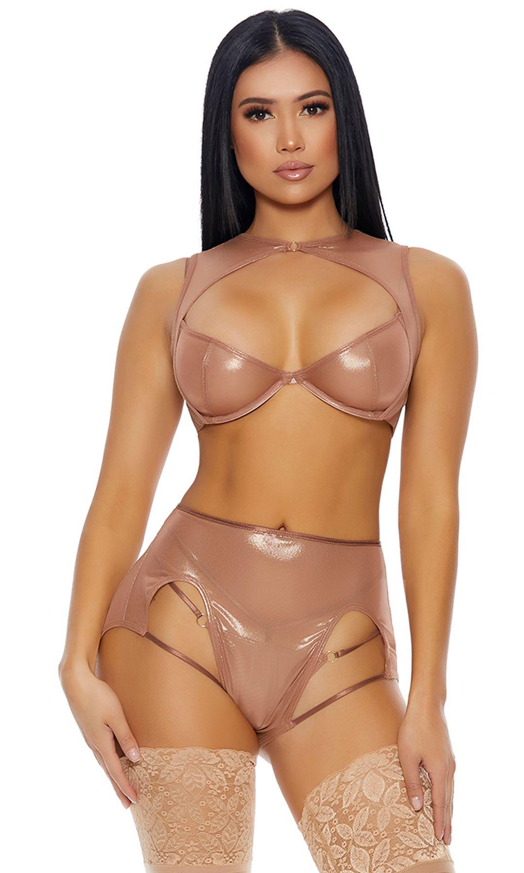 Rose Gold Sheer Your Love Metallic Mesh Lingerie Set Areous