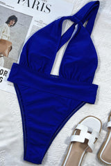 Royal Blue Halter Cut Out One Piece Swimsuit Areous