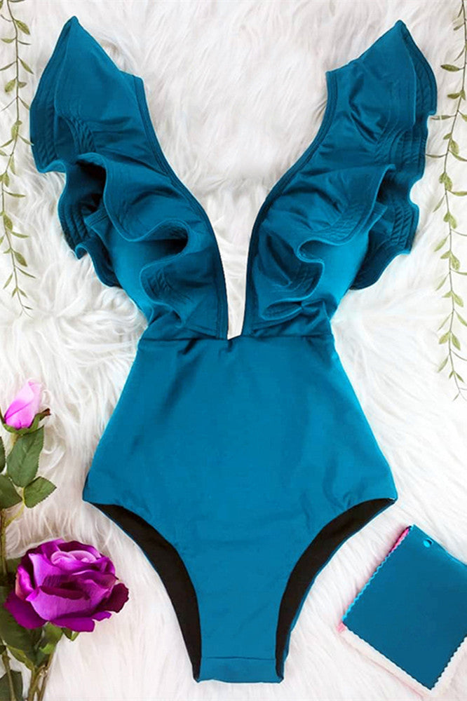 Ruffle Print Floral One Piece Swimsuit Areous