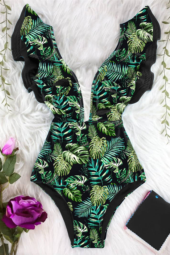 Ruffle Print Floral One Piece Swimsuit Areous