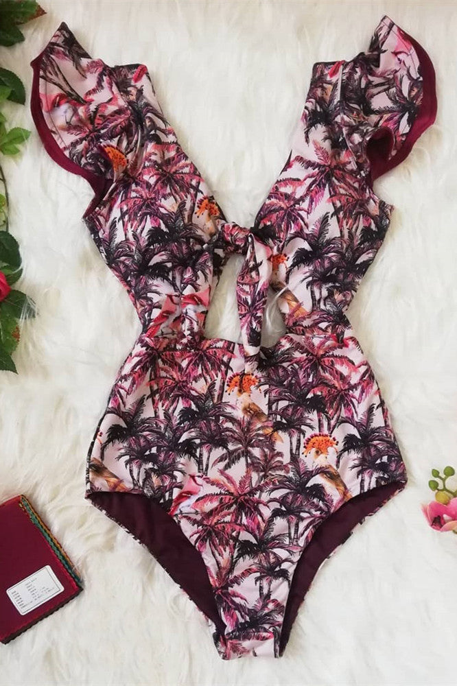 Ruffle Print Floral One Piece Swimsuit Areous