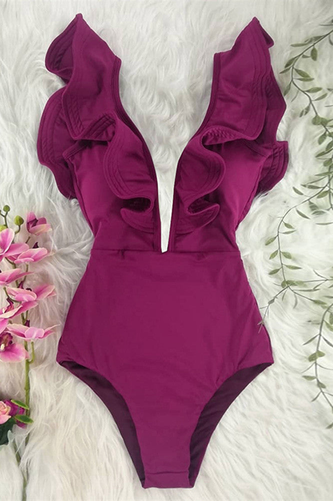 Ruffle Print Floral One Piece Swimsuit Areous