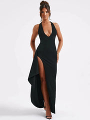 Deep V-neck thigh-high slit maxi dress