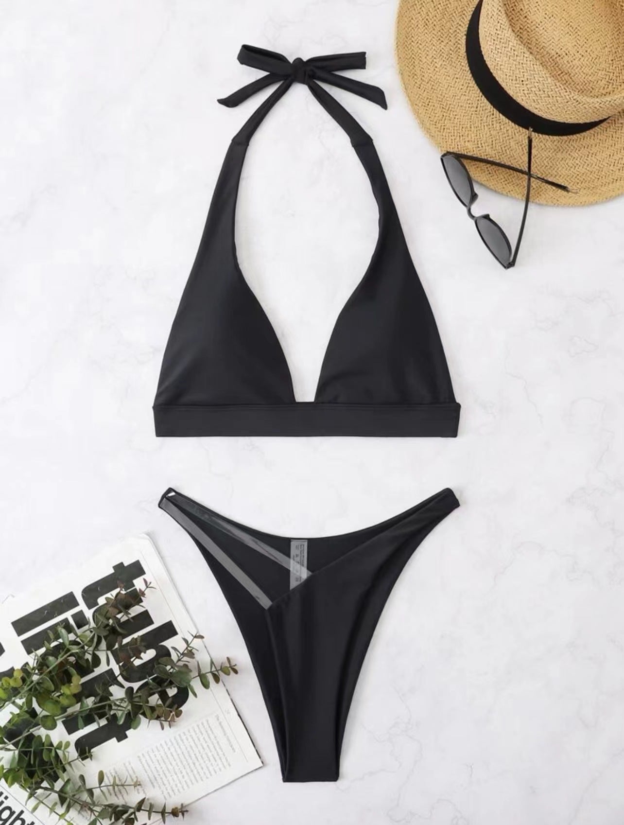 Sheer Strap Halter Bikini Set Areous